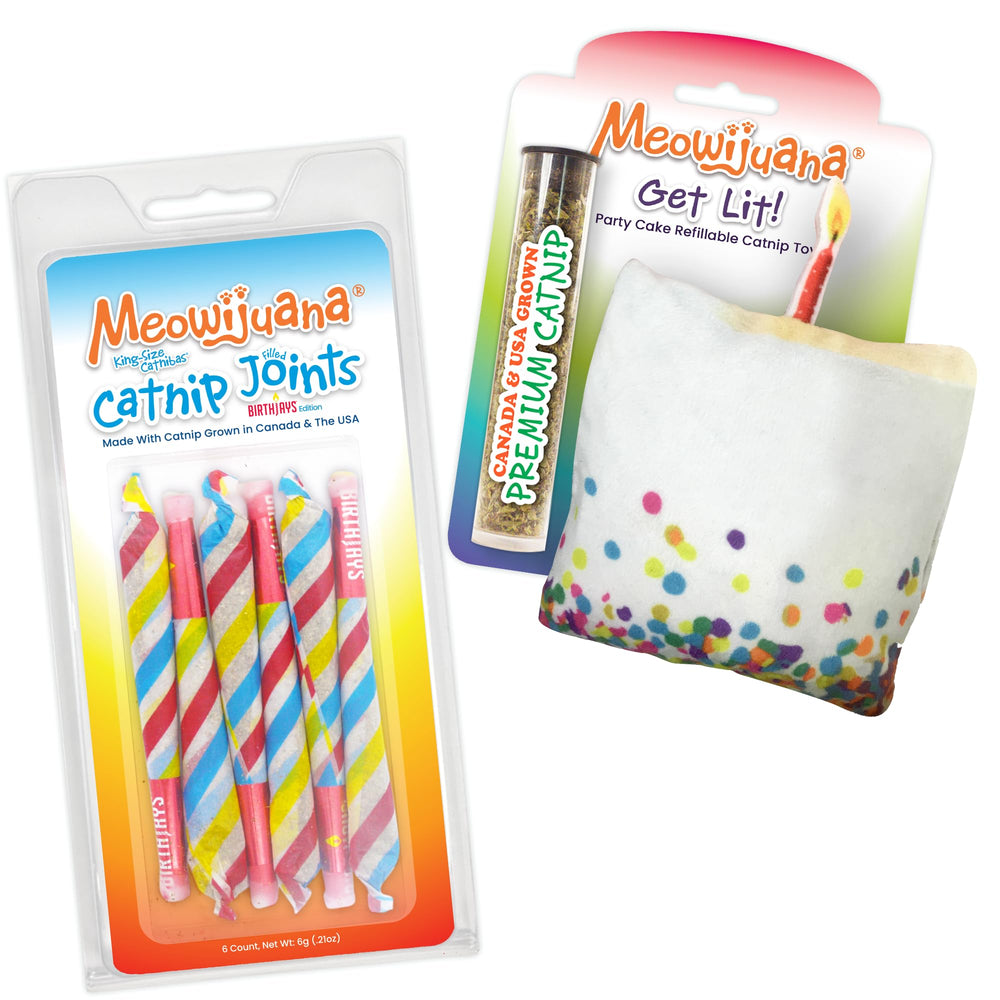 Meowijuana Birthjays bundle packaging highlighting premium catnip for enrichment.
