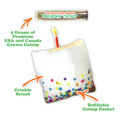Meowijuana refillable catnip toy pocket reveals hidden pouch for fresh refills.