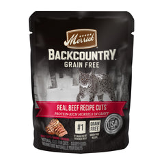 Merrick Backcountry beef recipe cuts morsels in gravy close-up showing protein-rich bites.