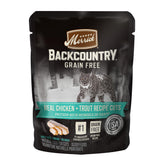 Merrick Backcountry chicken-trout-gravy pouch closeup highlights high-protein wet cat food.