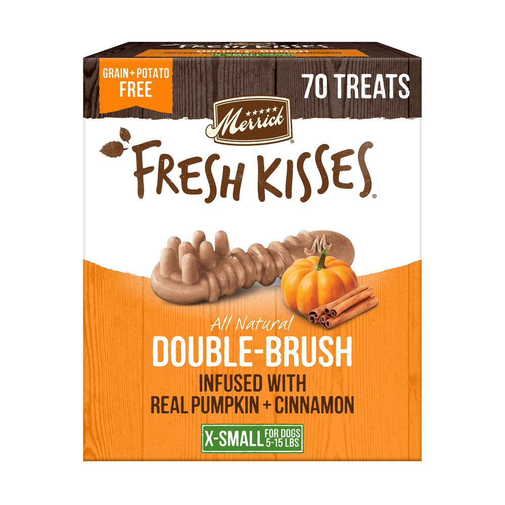Merrick Fresh Kisses dental chews pumpkin-cinnamon for small dogs, fresh breath support.