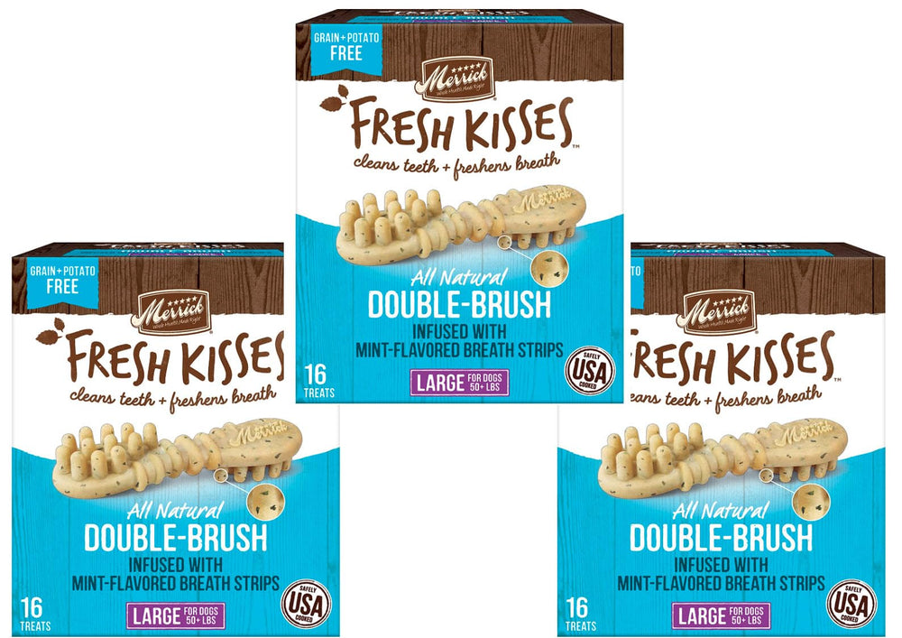 Merrick Fresh Kisses dental treats package with mint breath strips for dogs; supports fresh breath and dental care.
