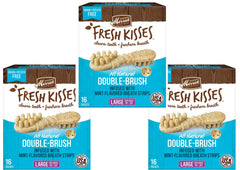 Merrick Fresh Kisses dental treats package with mint breath strips for dogs; supports fresh breath and dental care.