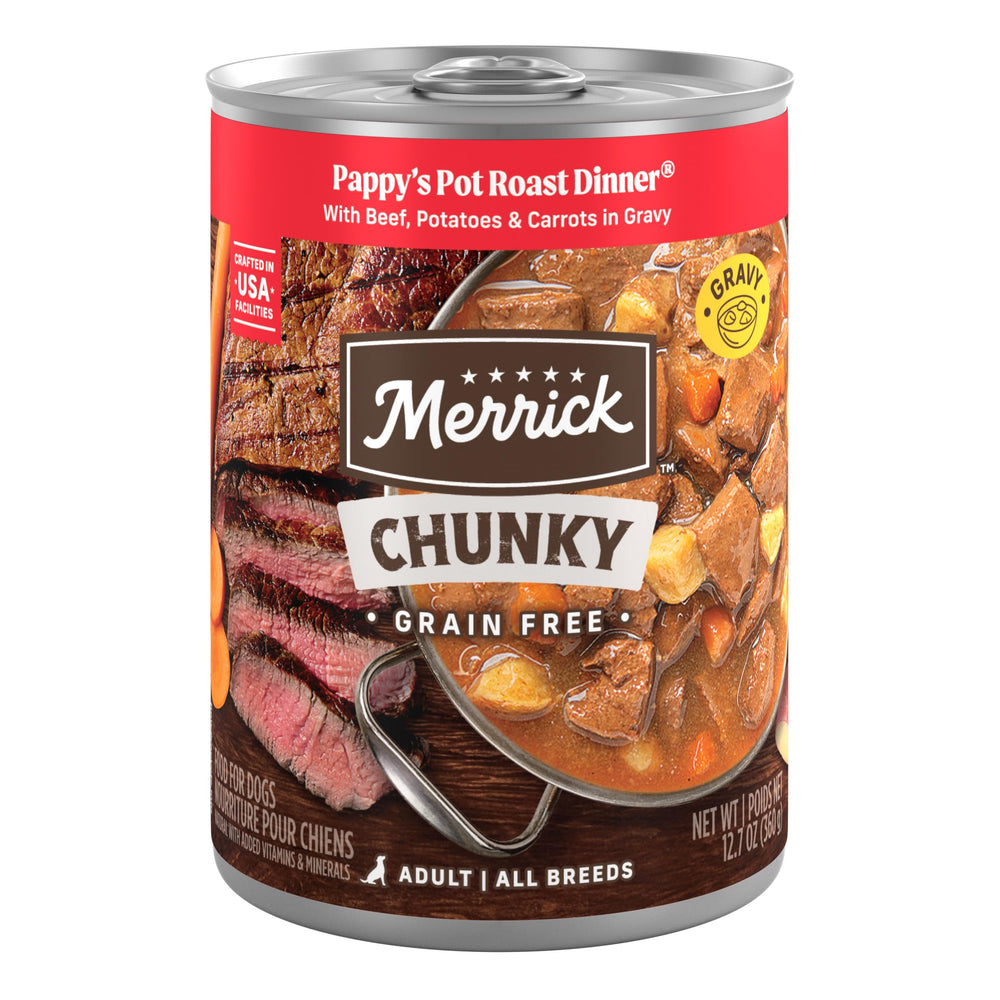 Merrick pappy's pot roast dinner in gravy can closeup showing premium canned dog food