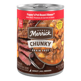 Merrick pappy's pot roast dinner in gravy can closeup showing premium canned dog food