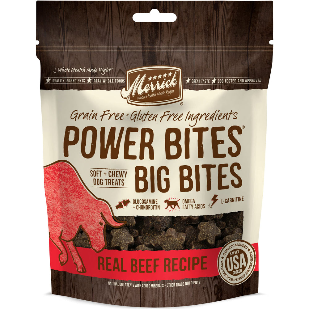 Merrick Power Bites big-bites beef-sweet-potato bag emphasizes protein for large dogs