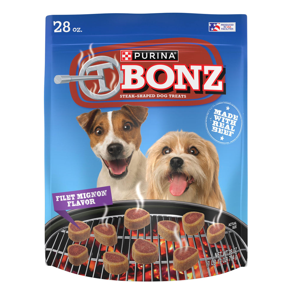 Merrick Purina T-Bonz Filet Mignon dog treats front pack display for rewards.