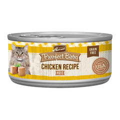 Merrick Purrfect Bistro chicken pate pack shot highlighting high-protein formula for adult cats.