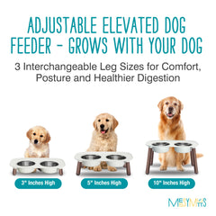 Messy Mutts elevated feeder legs 3-5-10 illustrate adjustable height for growing dogs.