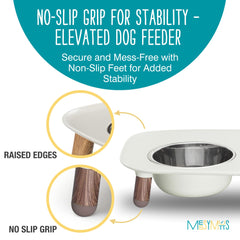 Messy Mutts stainless bowls closeup highlight durable, easy-to-clean feeding components.