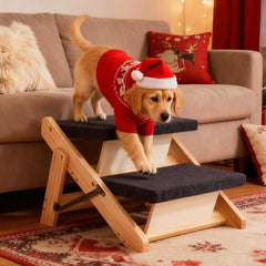 MEWANG wood pet stairs top view highlights compact profile for easy storage.