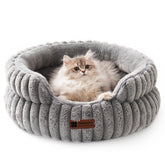 MEWOOFUN cat bed round grey exterior showcases secure, cozy curl-up design for restful naps