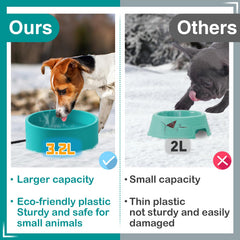 MEWTOGO 3.2L heated water bowl side view illustrating spacious interior for outdoor pets