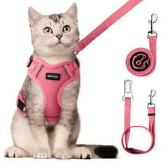 MHHYQF cat harness front view in pink highlights soft breathable vest.