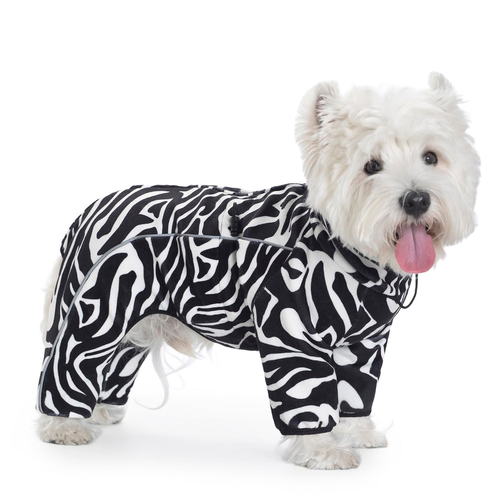 Miaododo fleece dog coat zebra stripe back view shows windproof warmth for chilly walks
