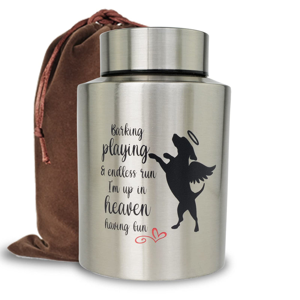 Mianachilu dog urn front design featuring angel motif for remembrance