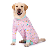 Miaododo Pink Pony Recovery Suit dog side view offers comfortable post-surgery coverage.