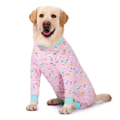 Miaododo Pink Pony Recovery Suit dog side view offers comfortable post-surgery coverage.