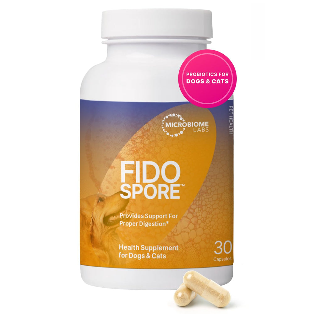 Microbiome Labs Fidospore packaging front showing dog probiotics for gut health.