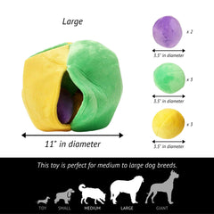 Midlee Hide a Ball ball pouch open reveals eight plush balls for curious dogs.