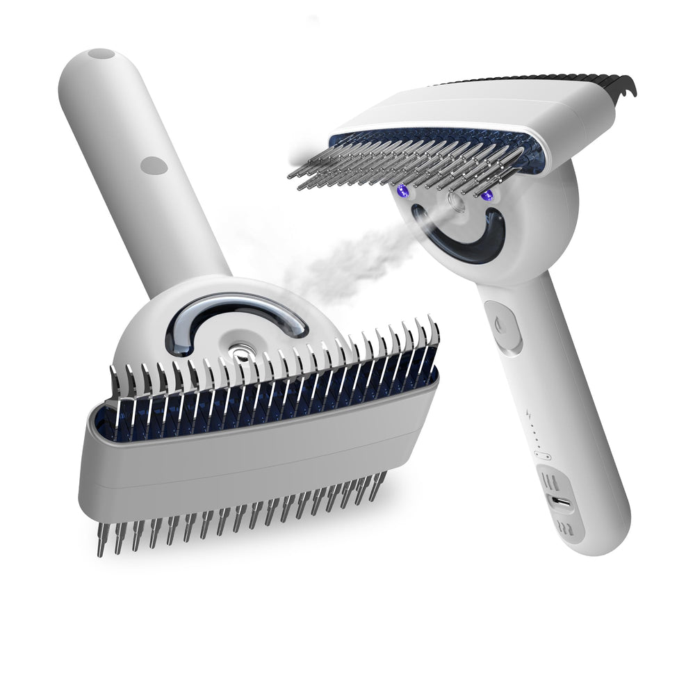 Midodor dog brush dual-spray system shows mist options for smoother grooming.