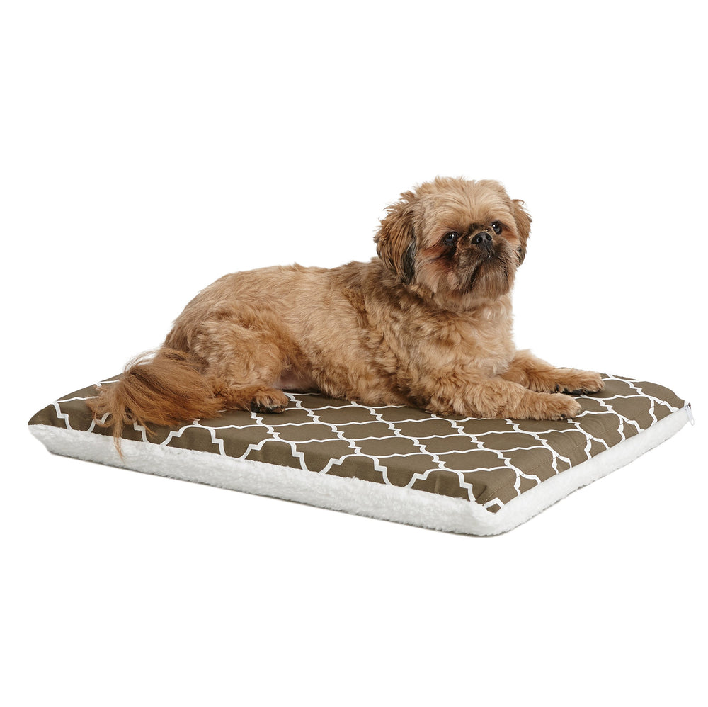MidWest Homes for Pets crate pad with brown geometric pattern – stylish, stain-resistant comfort.