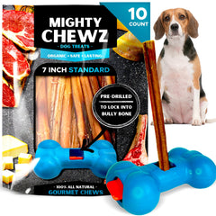 Mighty Chewz 7-inch bully stick ready in holder for safer chewing