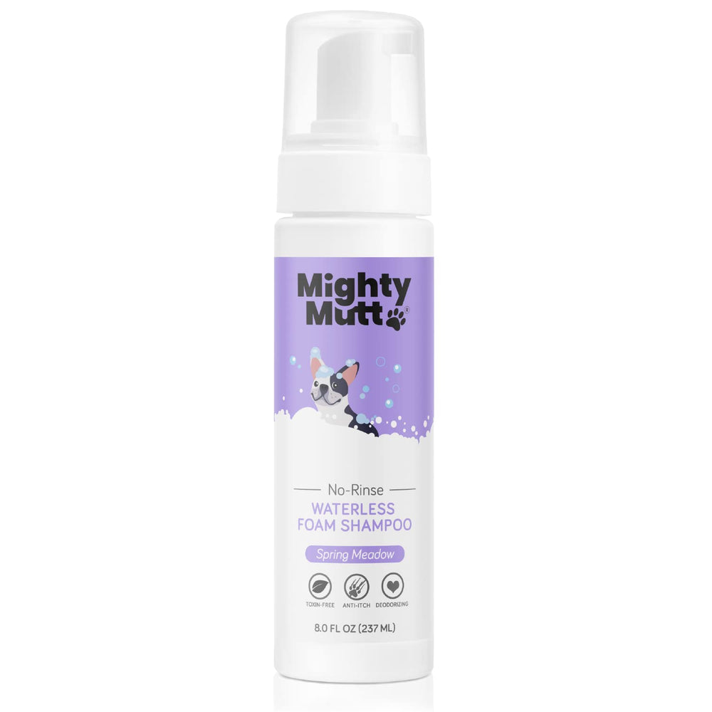 Mighty Mutt hypoallergenic waterless shampoo bottle for quick, water-free cleanups