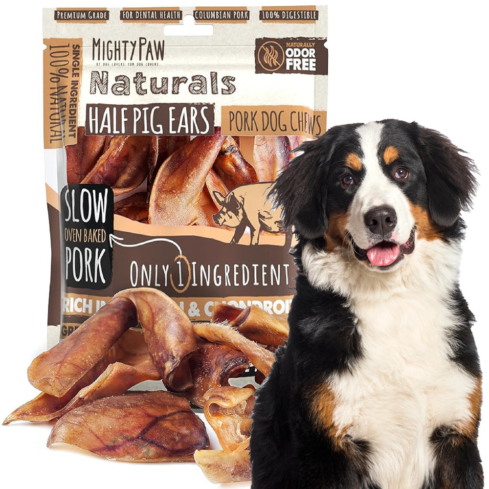 Mighty Paw half pig ears 12-pack packaging highlights USA-made single-ingredient dog treats for chewy, mess-free snacks.