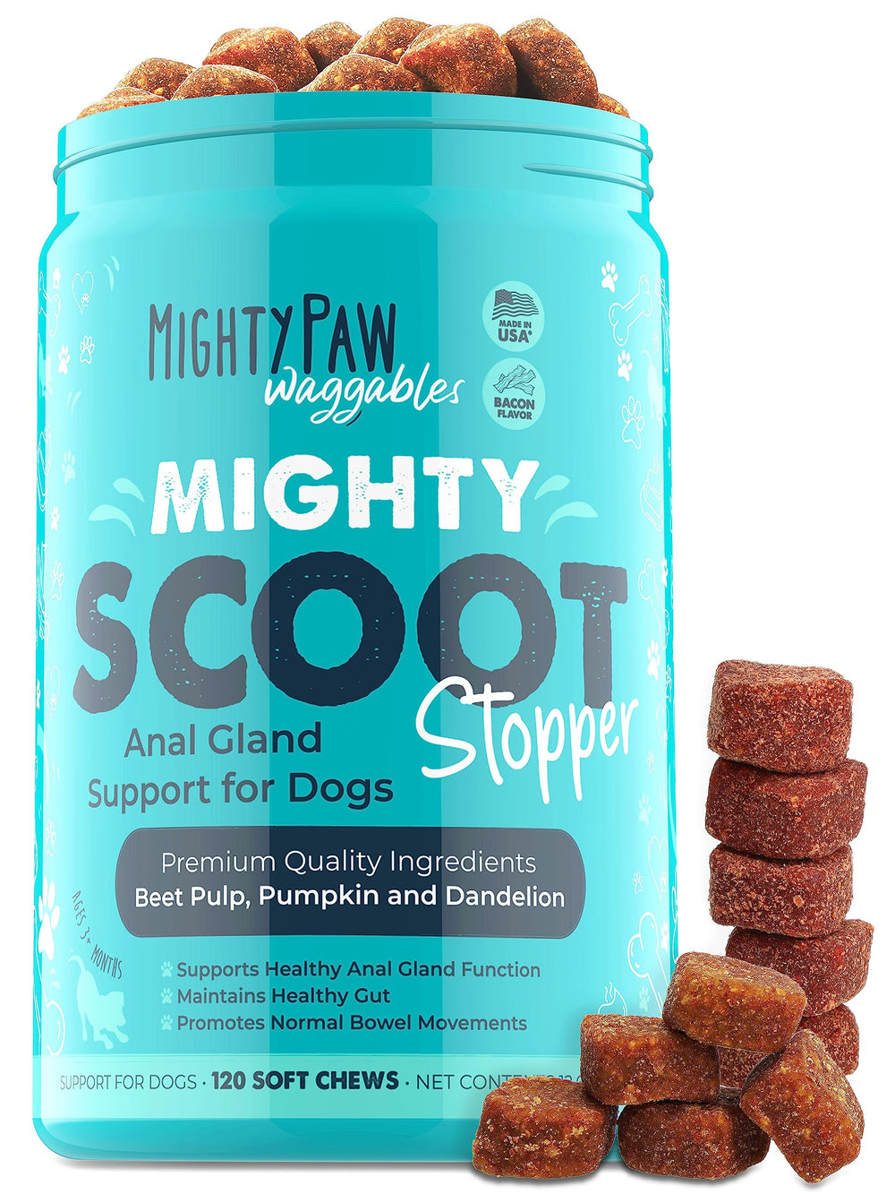 Mighty Paw Mighty Scoot bottle pour shows US-made digestive support for dogs
