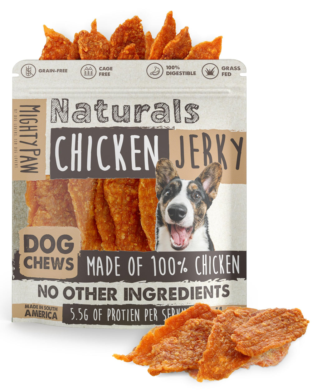 Mighty Paw Naturals Chicken Jerky packaging highlights 100% natural, single-ingredient dog treat.
