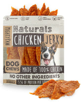 Mighty Paw Naturals Chicken Jerky packaging highlights 100% natural, single-ingredient dog treat.