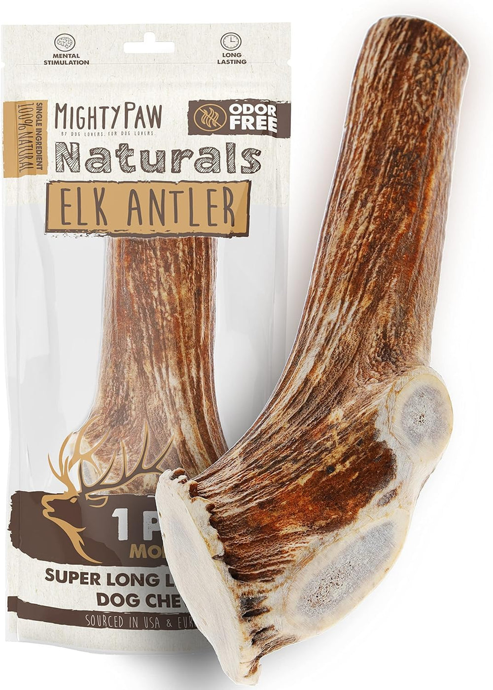 Mighty Paw Split Elk Antlers close-up showing a long-lasting chew for aggressive chewers.