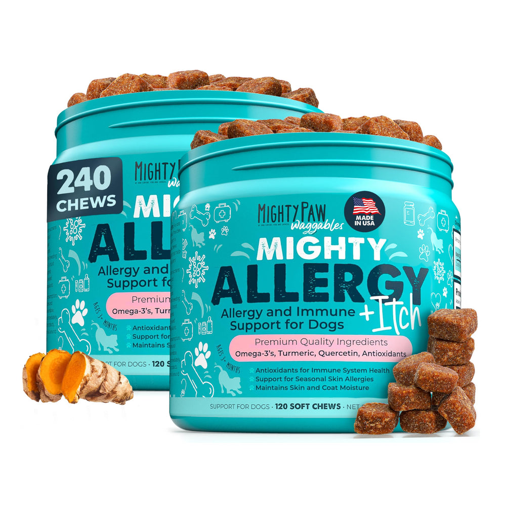 Mighty Paw Waggables allergy-immune-bottle shows USA-made dog supplement for skin and coat support.