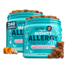 Mighty Paw Waggables allergy-immune-bottle shows USA-made dog supplement for skin and coat support.