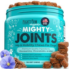 Mighty Paw Waggables bacon flavored joint supplement bottle promoting daily mobility for dogs