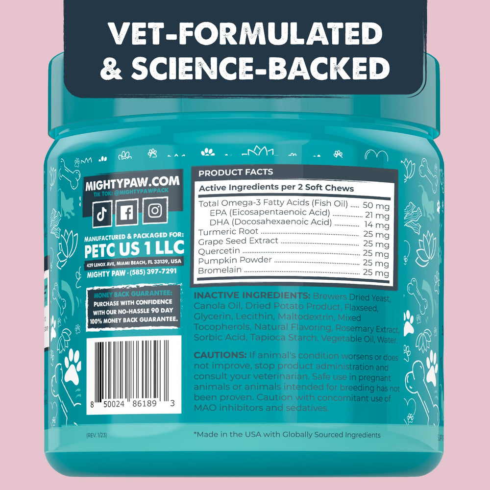 Mighty Paw Waggables skin-coat-support emphasizes ingredients for healthy fur and moisturized skin.