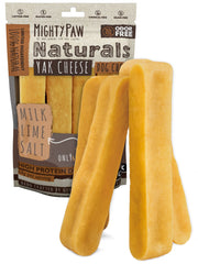 Mighty Paw Yak Cheese Chews packaging highlights durable, long-lasting chew for power chewers.