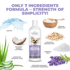 Mighty Petz 2-in-1 oatmeal shampoo bottle pouring demonstrates soothing oatmeal for itchy skin comfort.
