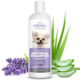 Mighty Petz 2-in-1 oatmeal dog shampoo bottle shows gentle cleansing for sensitive skin.
