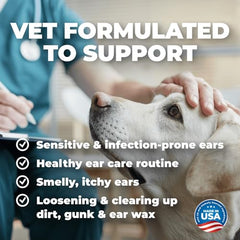 Mighty Petz ear cleaner drops being applied to a pet ear for cleansing