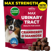 Mighty Petz MAX Cranberry dog chews bottle shows urinary health support.