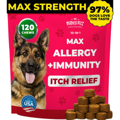 Mighty Petz MAX dog allergy relief chews close-up showing bacon flavor aiding picky eaters.