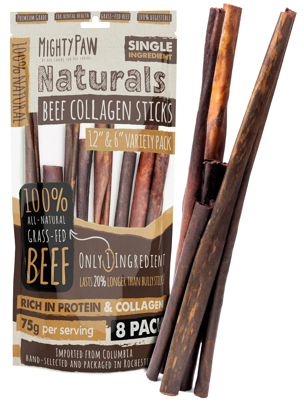 Mighty Paw collagen sticks 8-pack front shows long-lasting dog chew for hours.