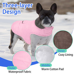 Migohi warm dog snowsuit back view showing reflective trim for night visibility