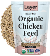Mile Four Organic Chicken Feed layer pellet pack with uniform pellets for consistent nutrition.
