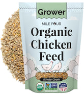 Mile Four Organic Chicken Feed packaging for Grower Whole Grain promotes balanced flock nutrition