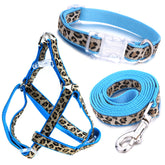Mile High Life leopard dog harness blue front view demonstrating no-pull design for small dogs.