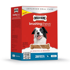 Milk-Bone Brushing Chews twist bone with nubs aids dental cleaning for dogs.