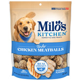 Milo's Kitchen chicken meatballs packaging highlights real chicken as first ingredient for tasty treats